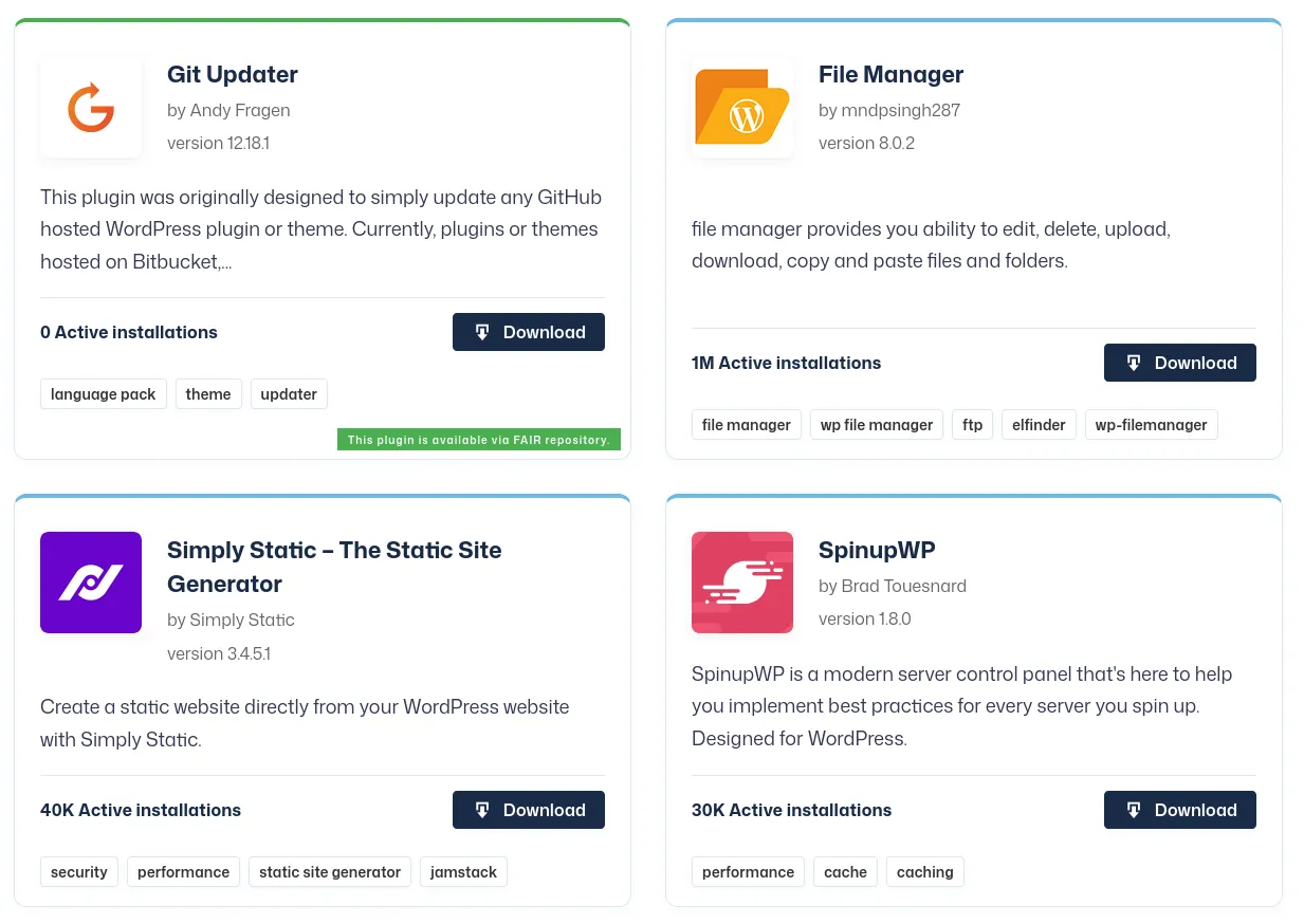 Aspire Explorer plugin catalog showing the "FAIR – Federated and Independent Repositories" card with a FAIR badge and Download button, beside "ELEX WooCommerce USPS Shipping Method."