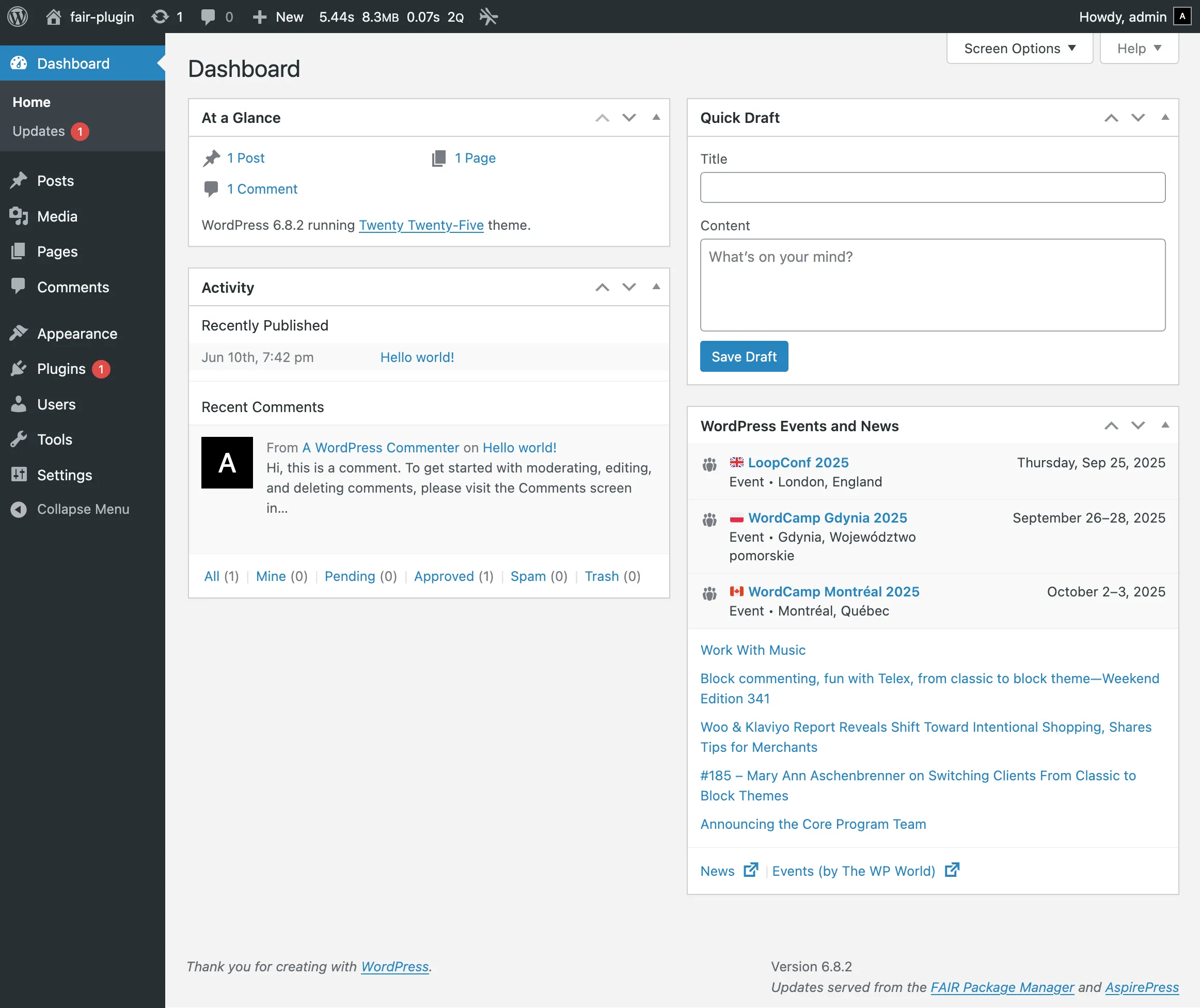 The left sidebar shows the usual admin menu. The main area includes "At a Glance," "Activity," and "Quick Draft." In the bottom-right footer, a line notes "Version 6.8.2 — Updates served from the FAIR Package Manager and AspirePress," drawing attention to FAIR as the update source.