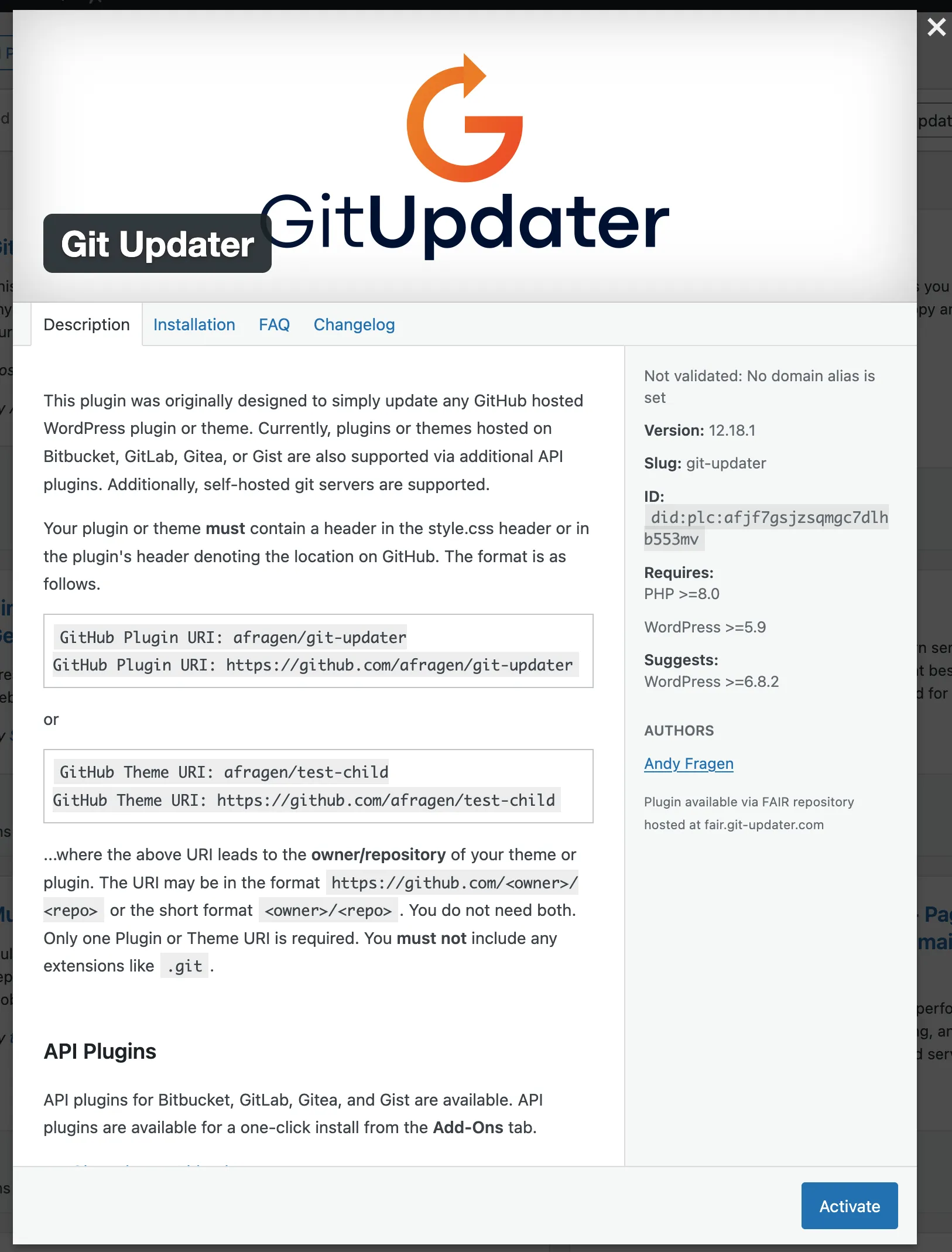 WordPress plugin details modal for Git Updater; right sidebar shows "Plugin available via FAIR repository (fair.git-updater.com)" with an Activate button.